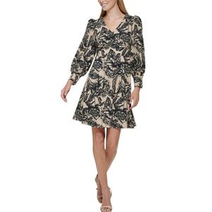 NWT! Calvin Klein Petite Floral-Print Balloon-Sleeve A-Line Dress. Size 8P